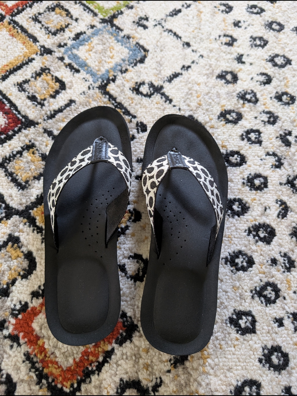 Coach Black Sandal Flip-Flops with White Patterned Straps